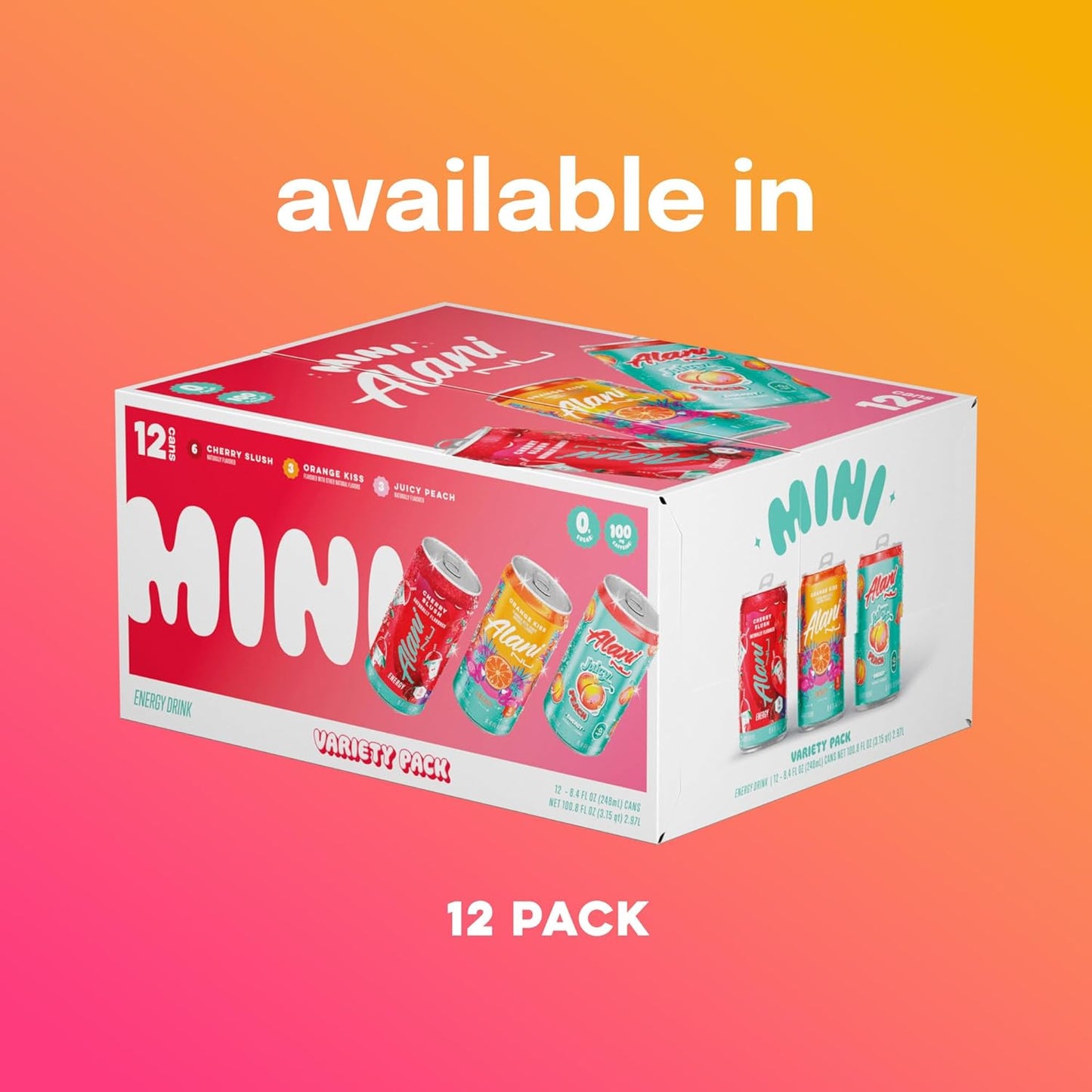 Alani Nu Variety Pack (Cherry Smoothie, Juicy Peach, Orange Kisses), Low-Calorie Energy Drink, 12 Cans