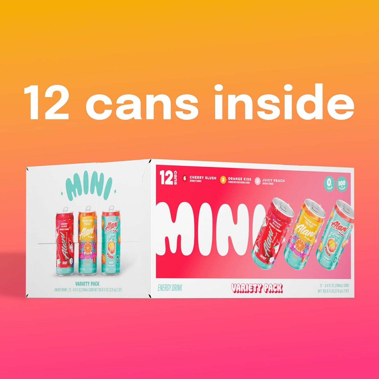 Alani Nu Variety Pack (Cherry Smoothie, Juicy Peach, Orange Kisses), Low-Calorie Energy Drink, 12 Cans