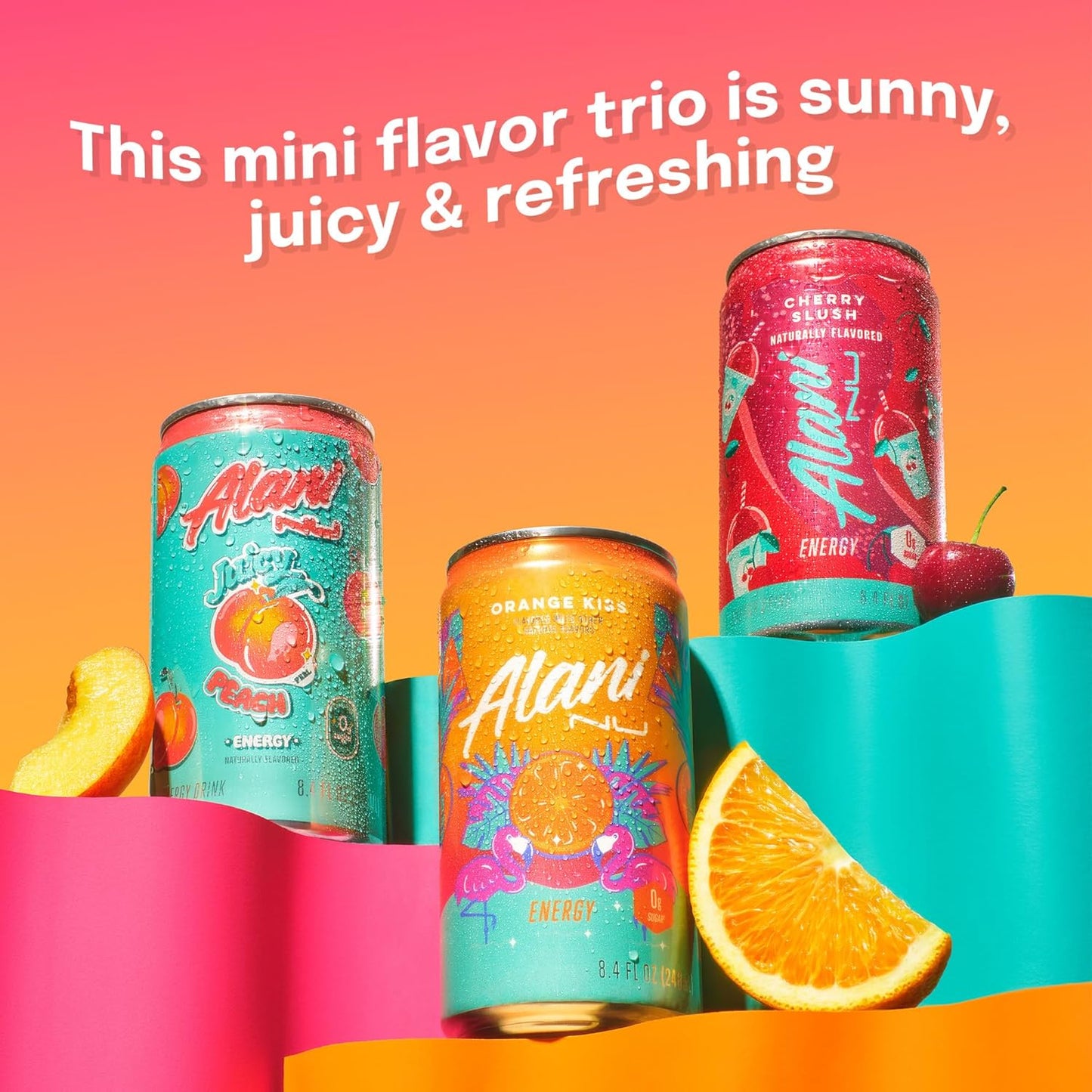 Alani Nu Variety Pack (Cherry Smoothie, Juicy Peach, Orange Kisses), Low-Calorie Energy Drink, 12 Cans