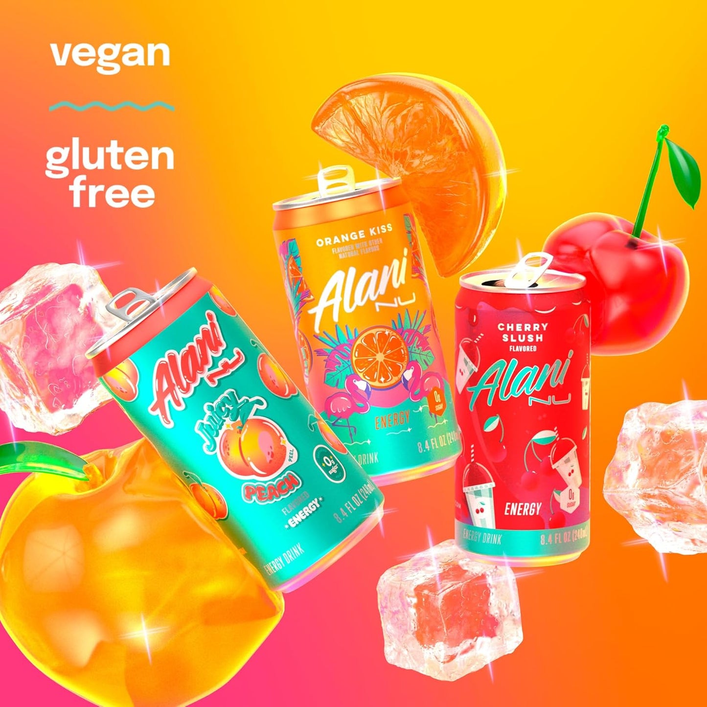 Alani Nu Variety Pack (Cherry Smoothie, Juicy Peach, Orange Kisses), Low-Calorie Energy Drink, 12 Cans